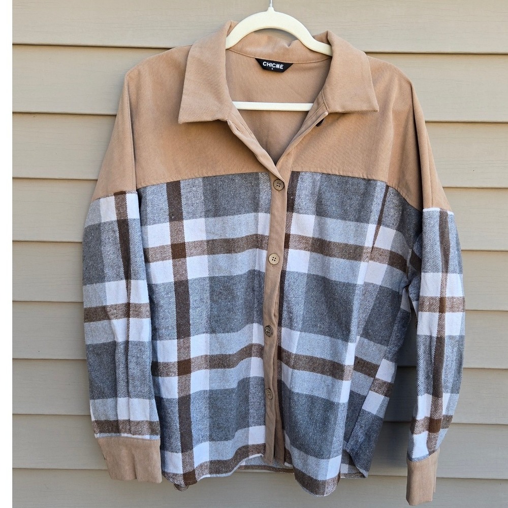 ChicMe Womens Plaid Corduroy Colorblock Button Down Shirt Tan Grey L